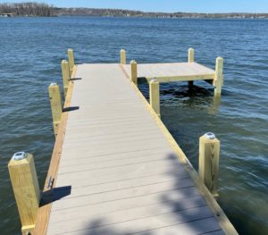 Wood dock with composite decking and solar powered lights