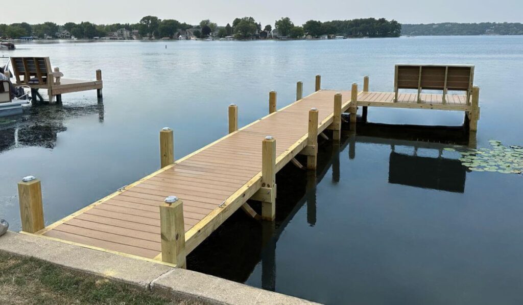 L shape dock in Lake Country Wisconsin on Pewaukee Lake.