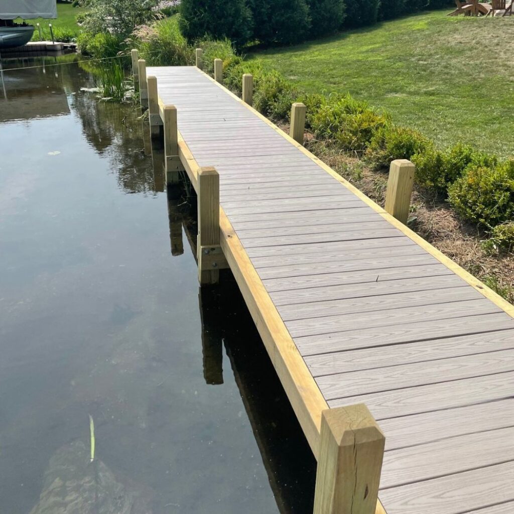 Boardwalk style dock with composite decking on Nagawicka Lake in Lake Country Wisconsin